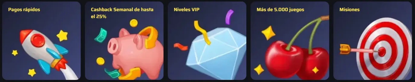 Ventajas destacadas de BDMBet: pagos rápidos, cashback semanal, niveles VIP, más de 5.000 juegos y misiones